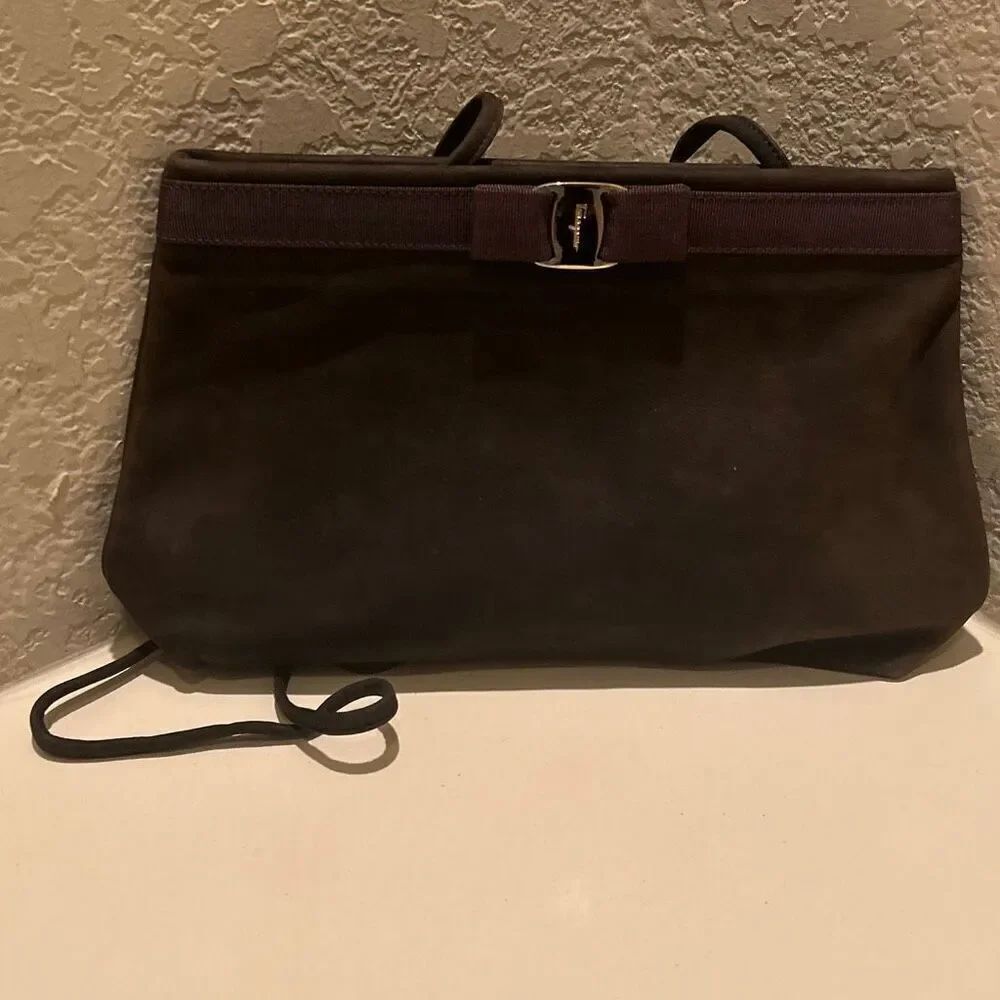 Salvatore Ferragamo Vera Bow Suede Convertible Crossbody Bag Purse Brown Purple